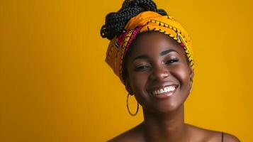48436868 portrait une content magnifique africain femme isole jaune contexte photo